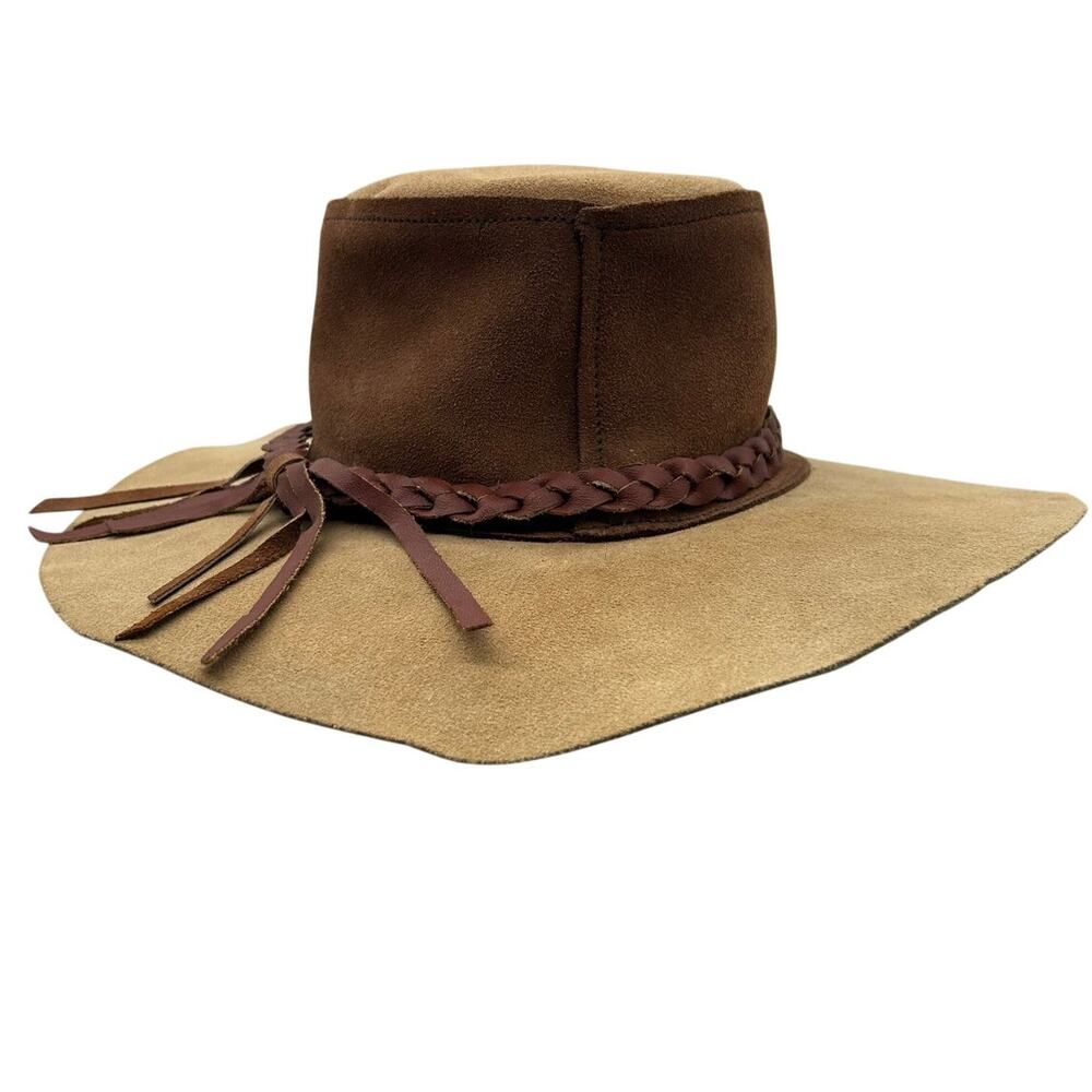 Vintage Suede Wide Brim Bolero Hat Braided Tan Leather Band Size 6 3/8 51cm - Picture 6 of 10